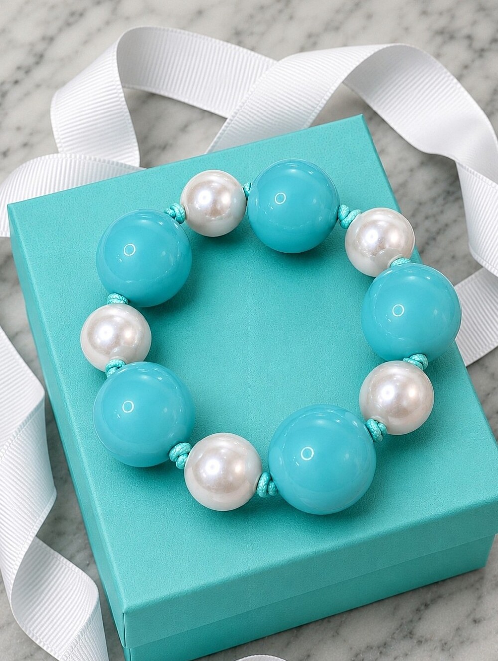 Tiffany Blue Knotted Acrylics. Lucite Faux Pearls Stretch Bracelet NEOY